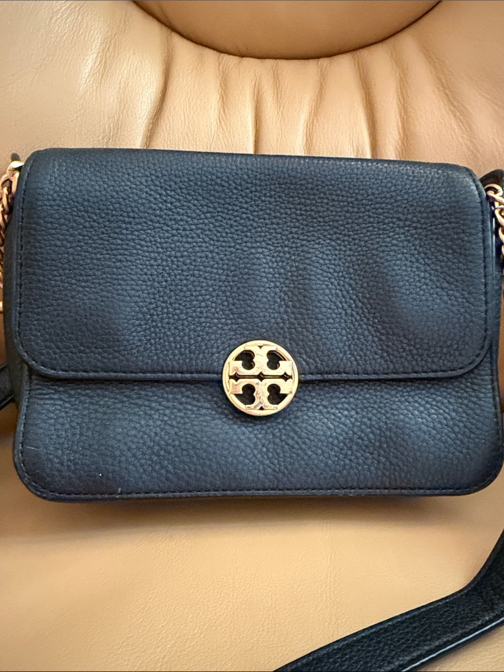Tory Burch Black Leather Shoulder Bag with Gold Hardware